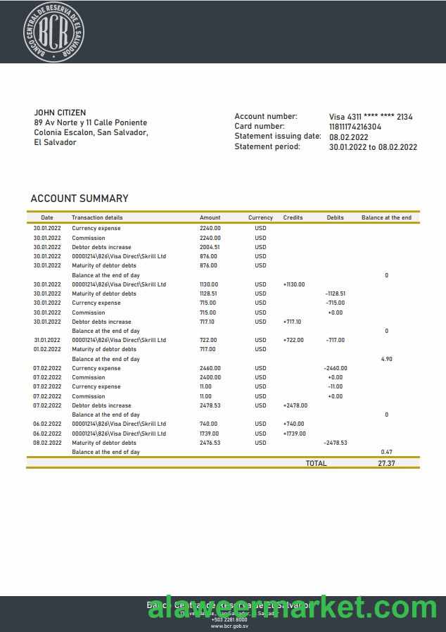 Salvador Banco Central de Reserva de El Salvador bank statement
